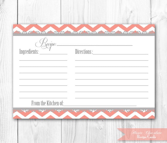 Recipe Card - Printable. Coral and Gray Chevron Recipe Card. DIY Print Yourself. INSTANT DOWNLOAD. Il_570xn