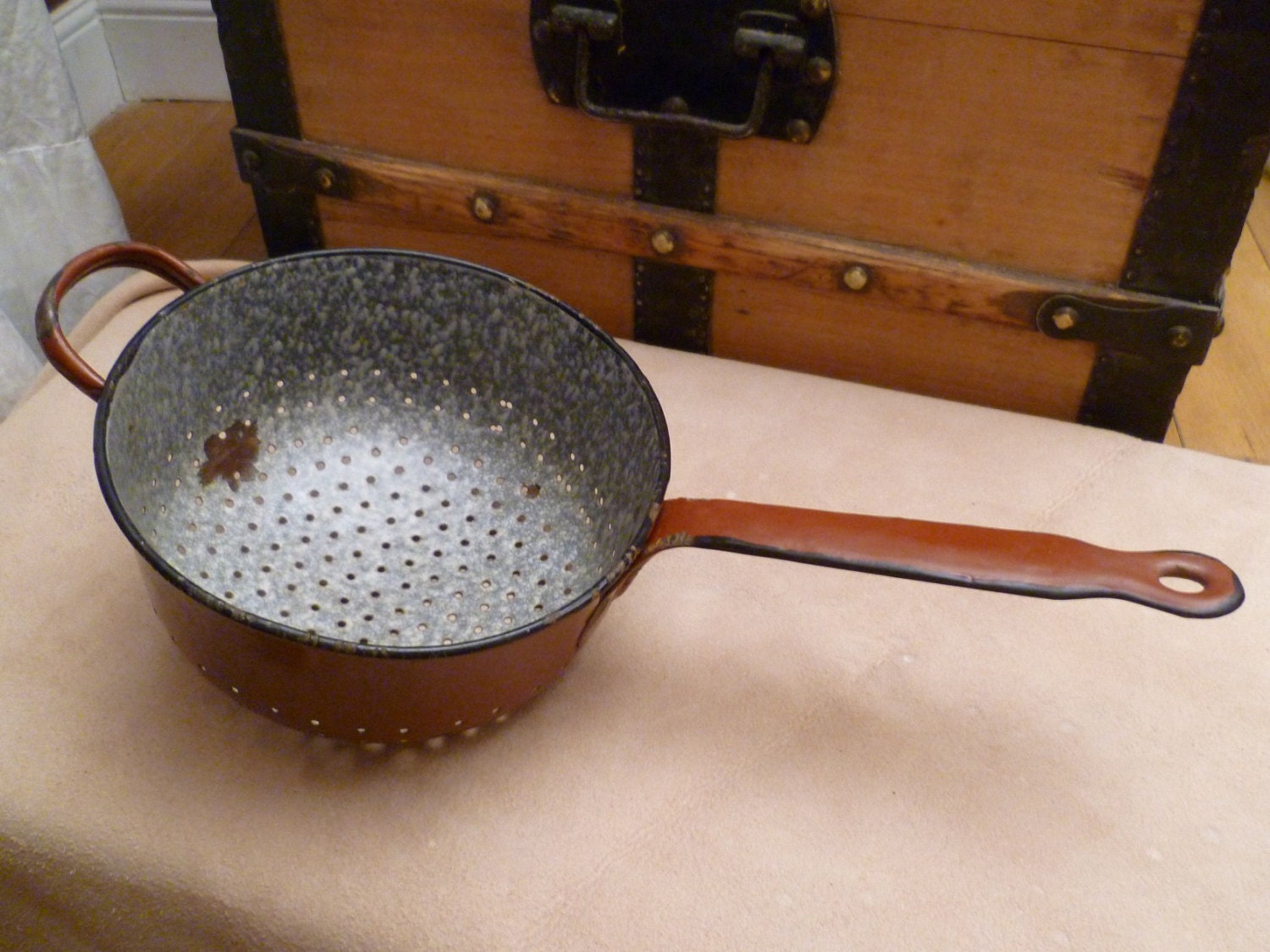 French Enamel Colander Kitchen Sieve Kitchenalia dark red and grey