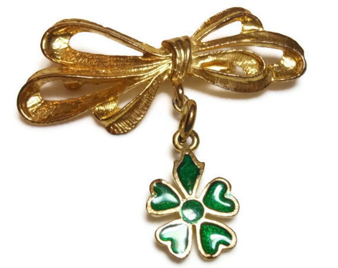 Bow charm brooch with shamrock charm, bar pin, St. Patricks Day pin