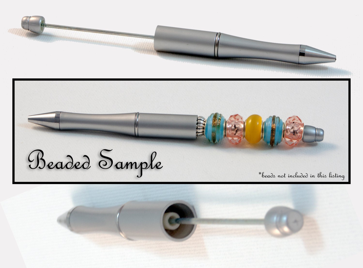 PACK OF 10 Plastic Add A Bead Beadable Silver Pen with black