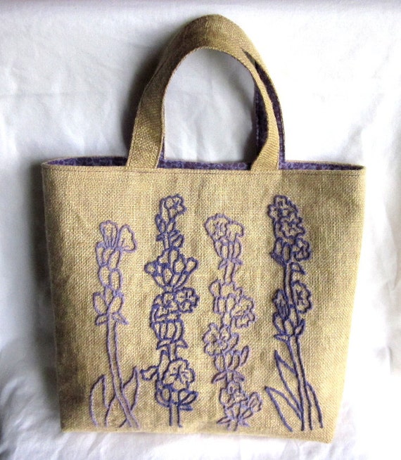 Items similar to Tote Market burlap bag lavender handmade Embroidery on Etsy