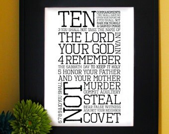 Ten commandments. Inspirational Prayer. Subway Art. Unframed