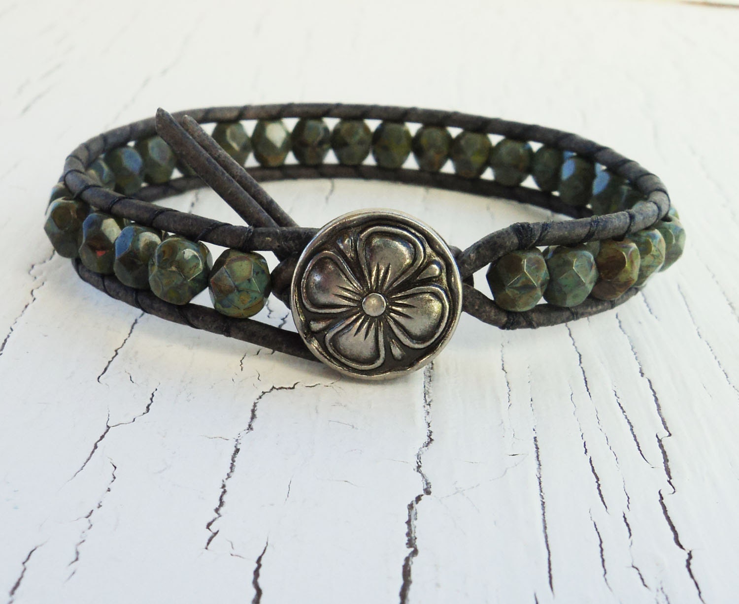 Green Leather Wrap Bracelet Olive green Bracelet Clover