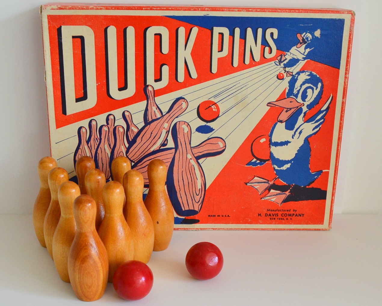 Vintage Bowling Set Duck Pins Balls Wooden With Box Complete