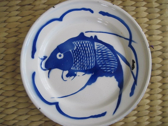 Vintage Blue and White Enamel Fish Plate By Goldfish Brand