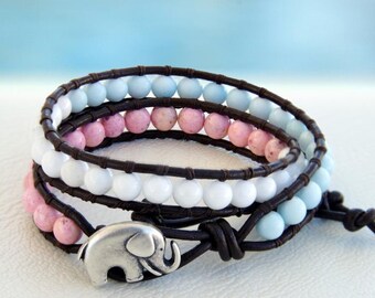 Pastel... Leather wrap bracelet... Beaded Double Wrap Bracelet. Original OceanBead Style.