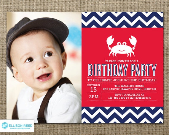 Crab Birthday Invitation - Crab Printable - Nautical invitation - Chevron invitation - Boy Birthday - First Birthday invitation Il_570xn