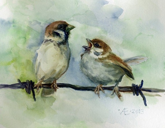 Bird print Sparrow Birds watercolor fine art print 5x7