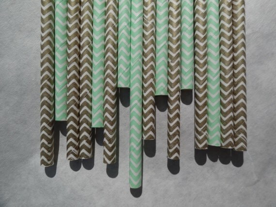 Metallic Gold Chevron and Mint Chevron Paper Straws, 50 Pack, Wedding Straws, Gold and Mint, Gold and Teal Il_570xn