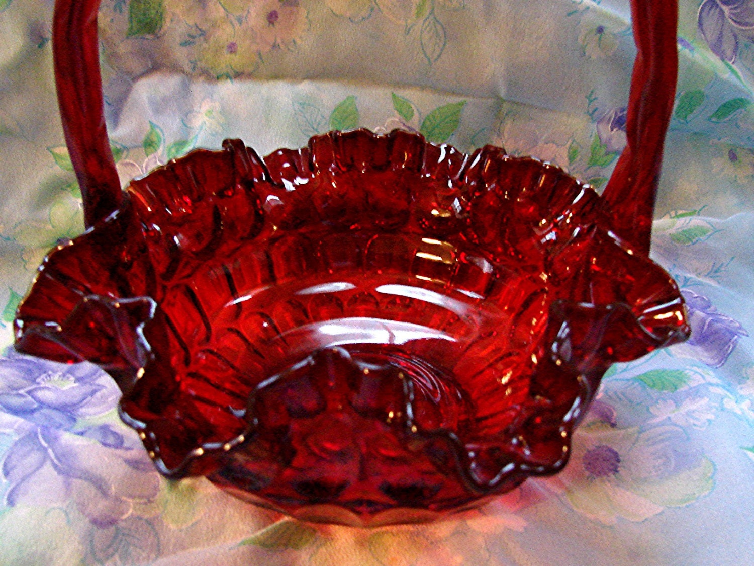 Vintage Fenton Basket Ruby Red Glass Thumbprint 9 Inches Tall