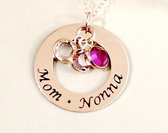 Gold Filled Hand Stamped Mommy, Grandmother, Nana Necklace - Personalized Custom Jewelry - Gold Filled, Swarovski Crystals Mother's Day Gif