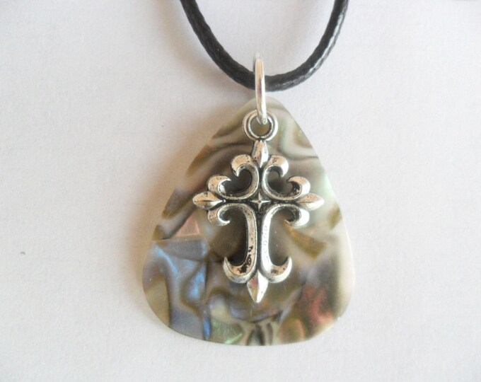 Abalone Guitar pick necklace with cross charm that is adjustable from 18" to 20"