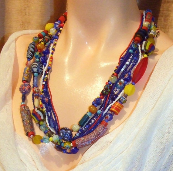 Items similar to Jewellery set blue trade beads antique glass, necklace ...