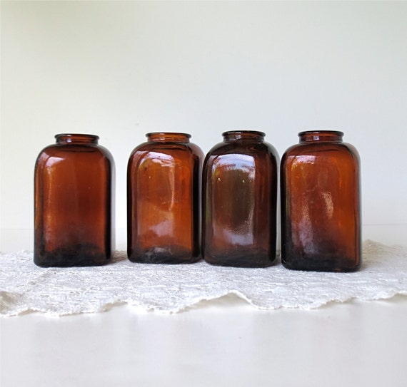 Vintage Brown Glass Snuff Jars / Set of Four / Apothecary