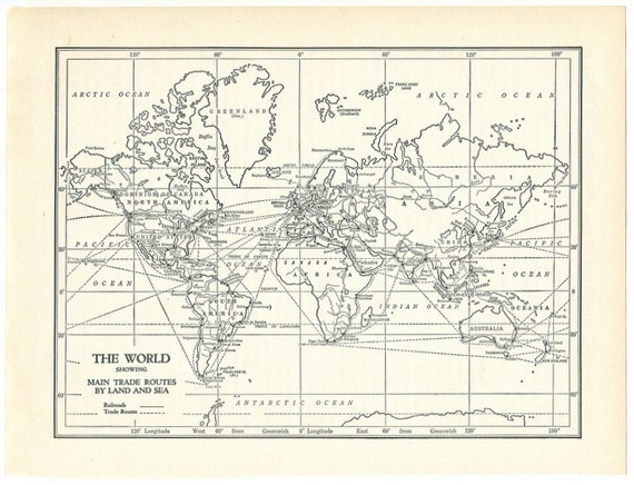 vintage black and white map world map trade routes 1931