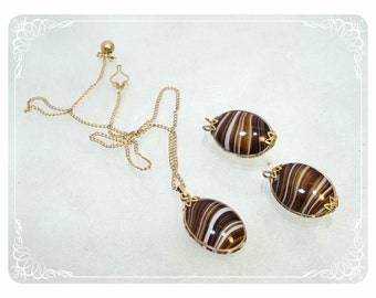 Brown Striped Art Glass Vintage Necklace & Earrings - 1713a-121012000