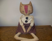 Miss Kitty Grungy Primitive Fabric Art Doll/Shelf Sitter/Hanger