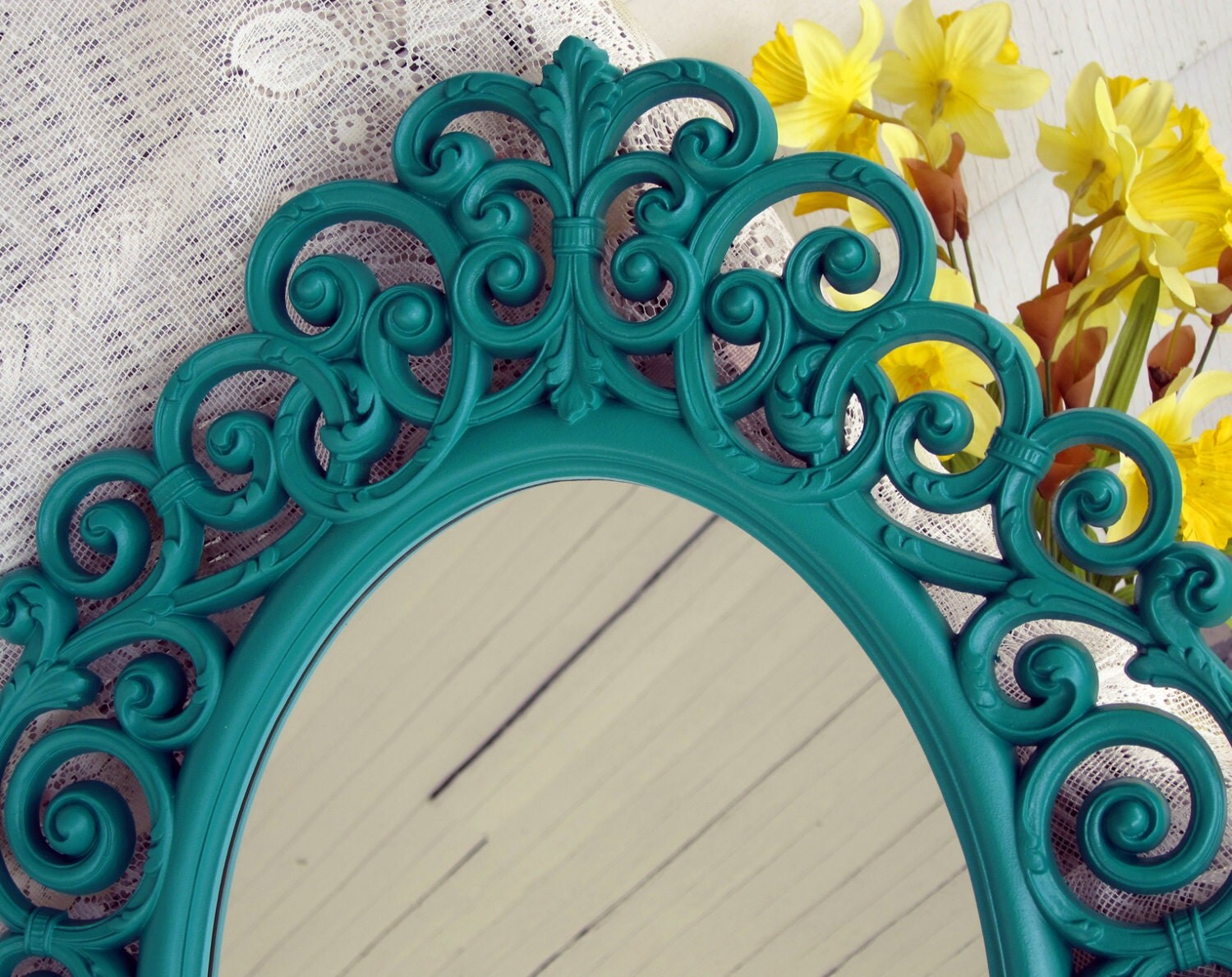 Vintage Teal Wall Mirror Ornate Oval Upcycled Cottage French