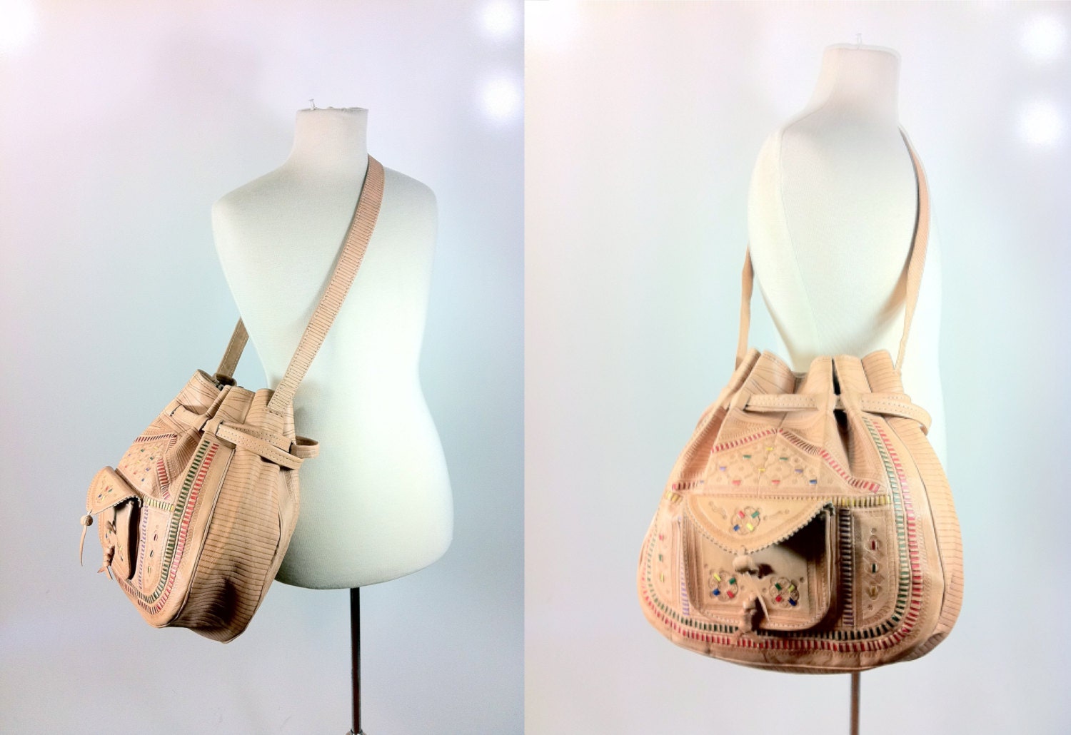 Large Boho Leather Bucket Bag Tooled Leather Cinch Bucket