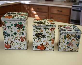 Vintage Flowered 3 Piece Tin with Hinged Lids from England