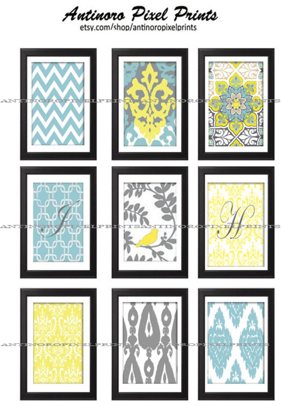 Items similar to Digital Print Wall Art Yellow Turquoise Grey Vintage