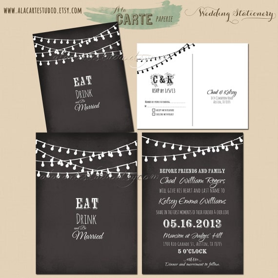 String Light Chalkboard Wedding Invitation Card and RSVP Design fee - Black chalkboard ...