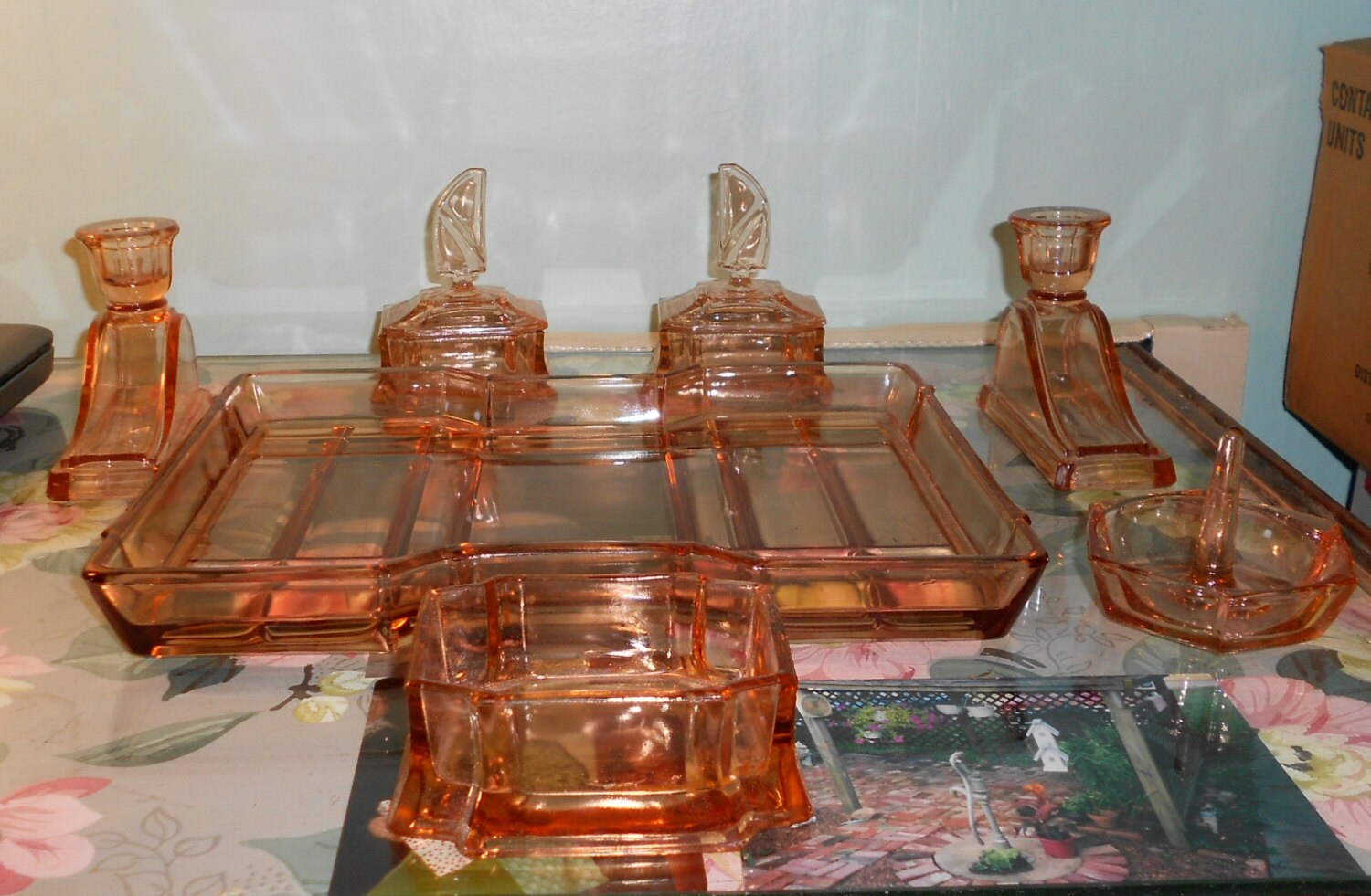 Art Deco Pink Depression Glass Vanity Set 9 pc on Sale