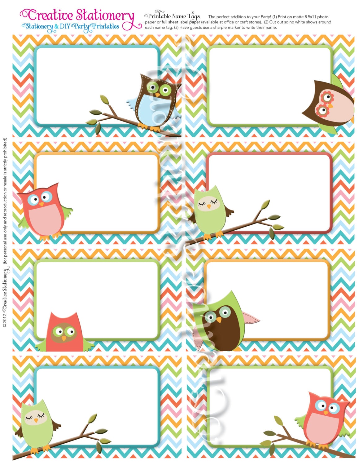 Owl Baby Shower Name Tags. Orange Green Pink by CreativeStationery