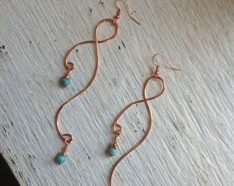 Hammered Copper wire dangles with Blue marbled stone