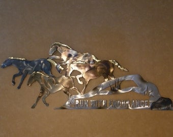 Christian metal wall art sculpture of running horses