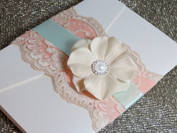 Shabby Chic Wedding Invtation - Customizable - Mint and Peach