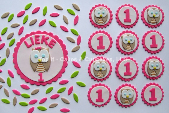 Fondant Cake, Cupcake Toppers - Owls First Birthday Party Pack (Girl)