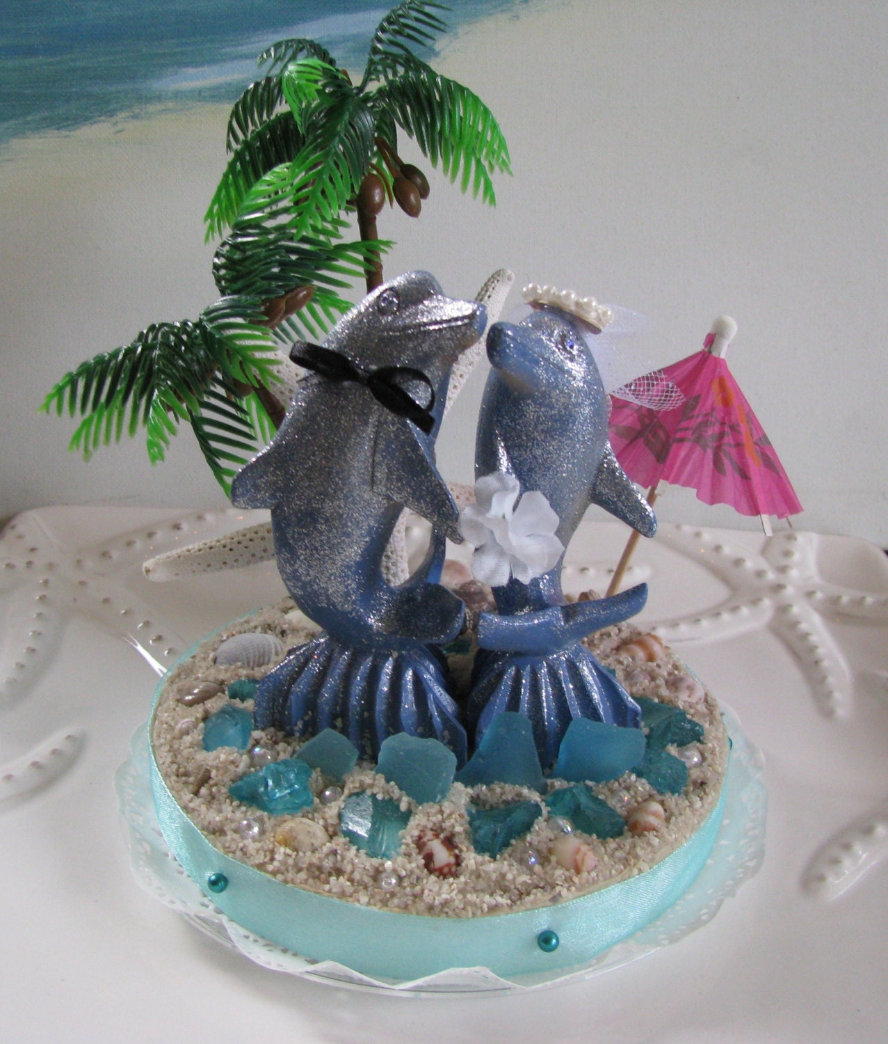 Dolphin Beach Wedding Cake Topper-Palm Tree Beach Wedding Cake