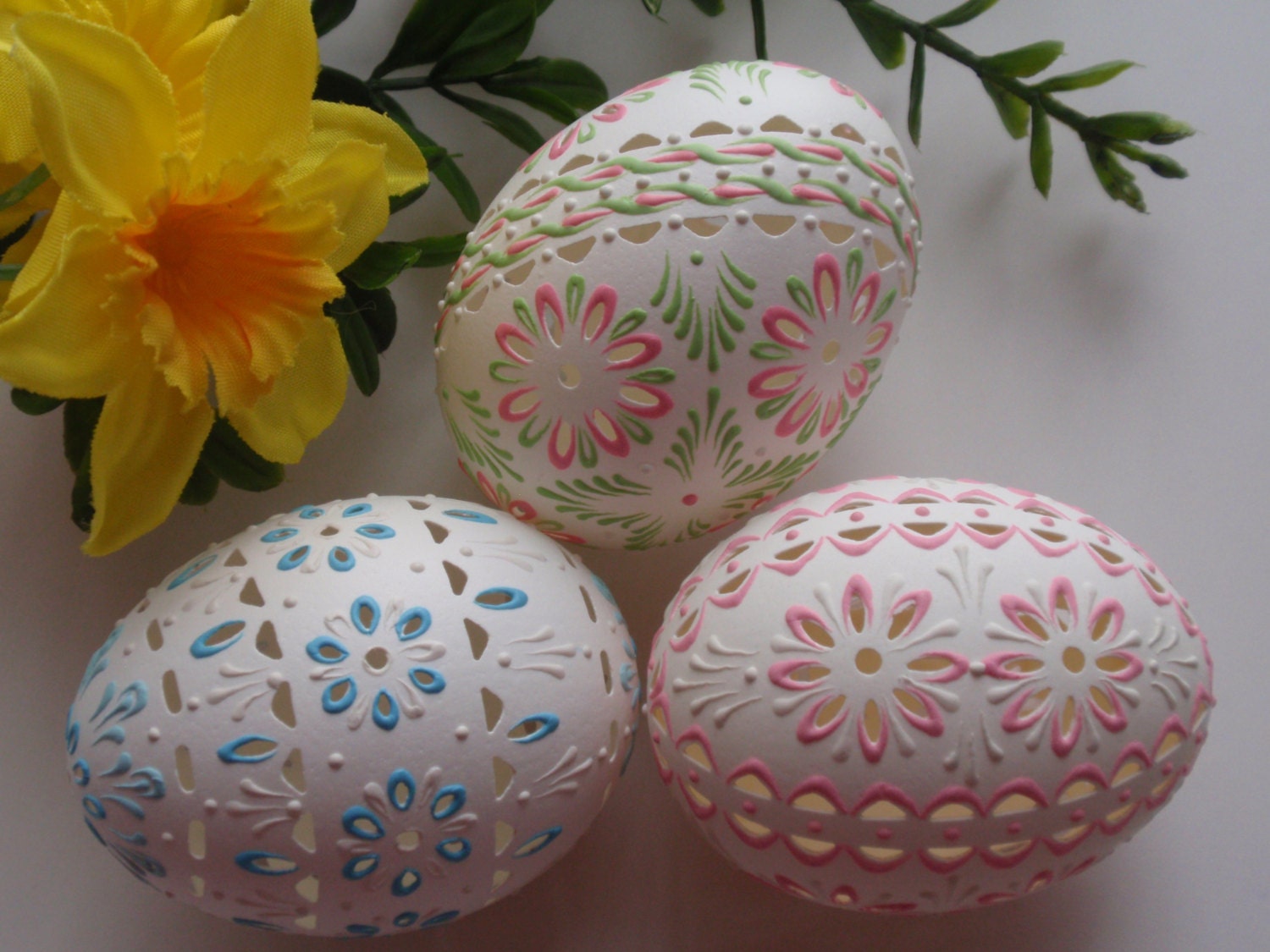 Easter Eggs Carved and WaxEmbossed Set of 3 Chicken Eggs