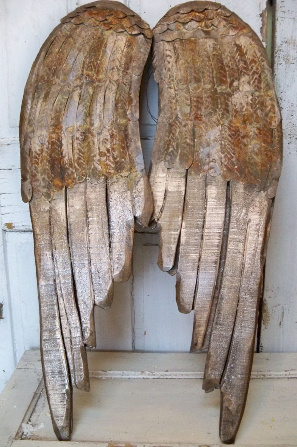 Large wooden wings wall sculpture rusty metal distressed faux