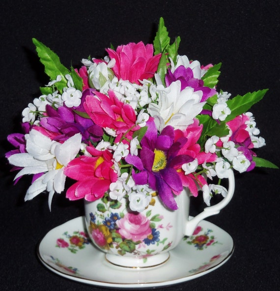 Teacup Silk Floral Arrangement Purple Bright Pink and White