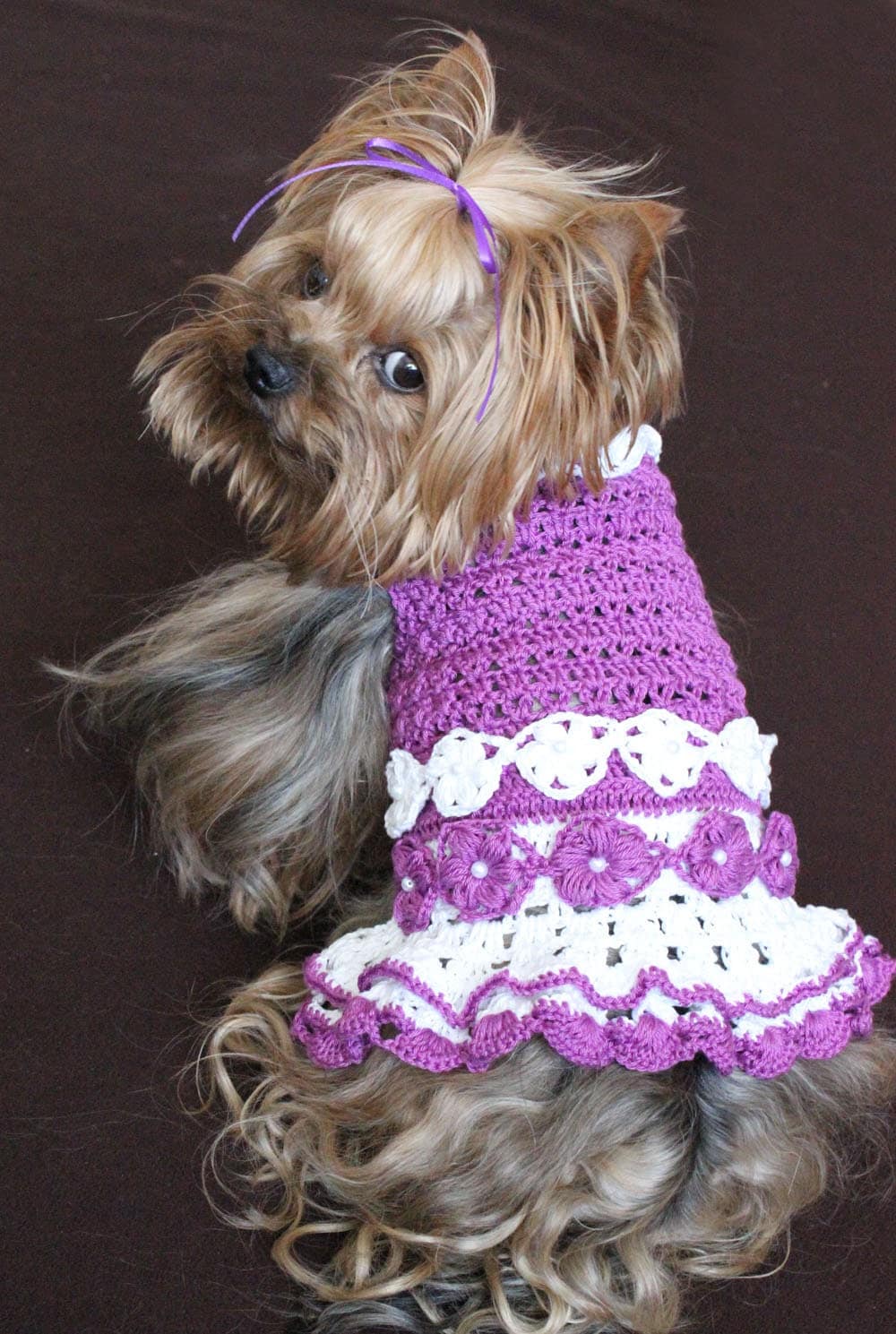 Purple and White Crochet Dog Dress size small