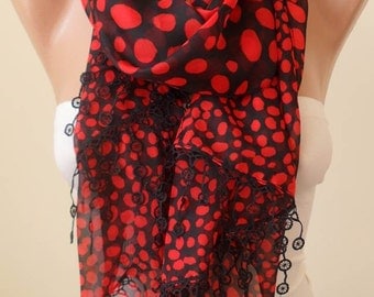 Red and Black Dalmatians Scarf - Silk/Chiffon Scarf with Black Trim Edge