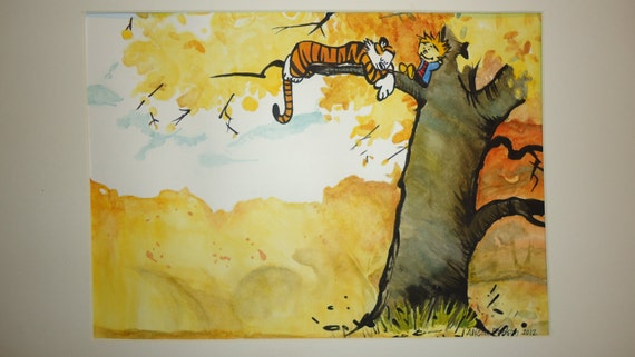 Calvin and Hobbes watercolor painting