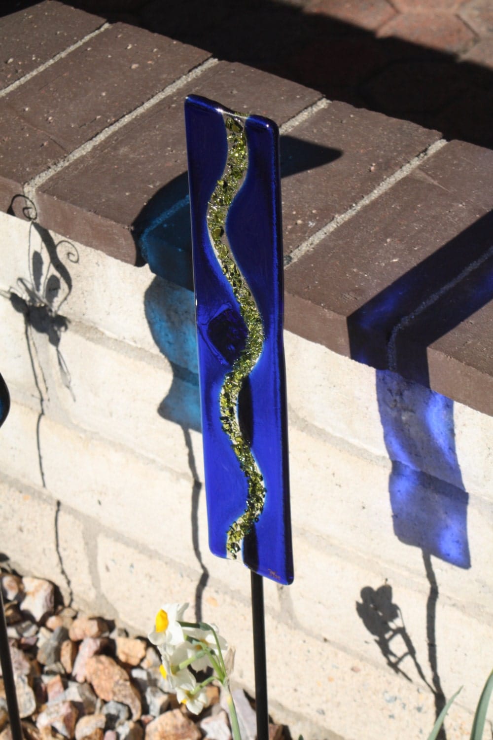 Fused Glass Garden StakeBlue and Lime Green Made to Order