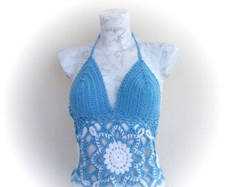 Blue and White Crochet tank top - Summer-Crochet Hippie Fringe Halter Top