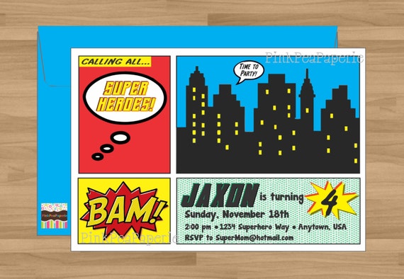 SUPER HERO COMICBOOK Style Birthday Invitation - Digital Printable Il_570xn
