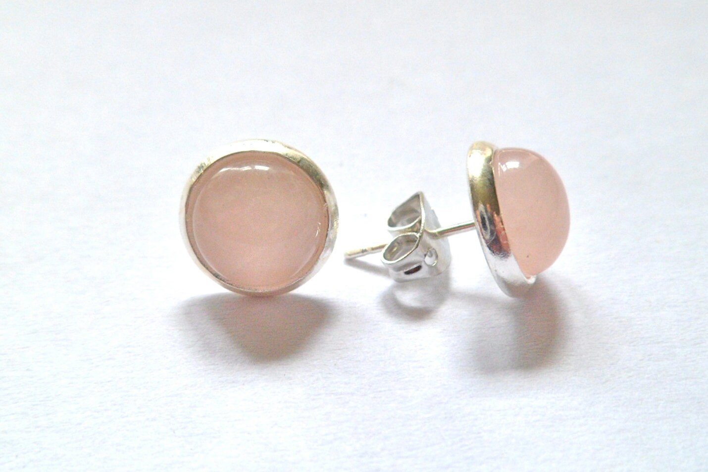 Rose quartz silver stud earrings gemstone small 8mm