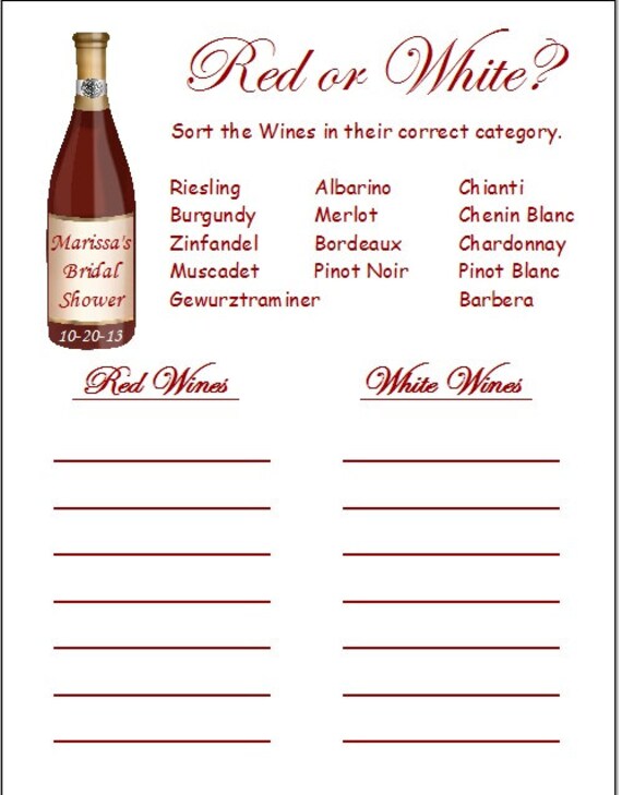 24 Personalized Red or White WINE QUIZ Bridal Shower Game