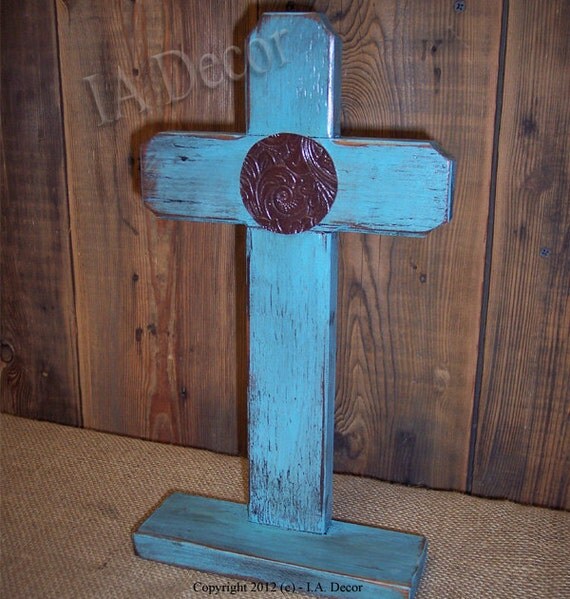 Items similar to Free Standing Cross Wood Turquoise Cross Table top cross standing cross