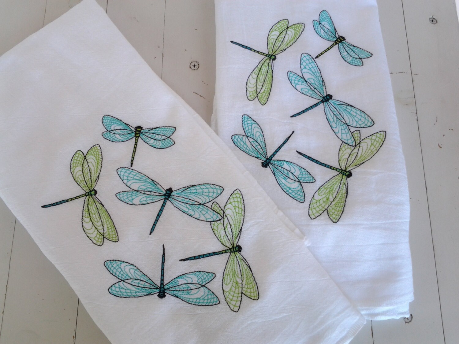 Embroidered Dish Towel Set of Two Dragonfly Motif Turquoise