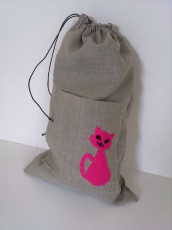 Linen drawstring bag, cloth bag for kids, pure linen, felted cat
