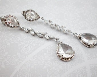 Silver Dangle Earrings, Wedding Earrings, Bridesmaid Earrings, Crystal Cubic Zirconia Dangle Earrings, CZ Crystal