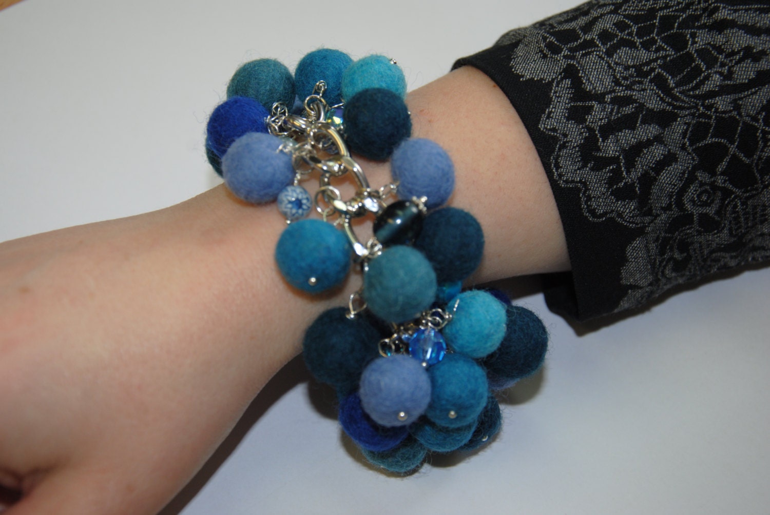CIJ SALE Felted balls bracelet blue navy teal royal sky