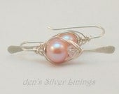 Pink Pearl and  Silver Herringbone Wrap Earrings, Artisan Hammered Sterling Silver Jewelry, Swarovski Crystals and Pearls